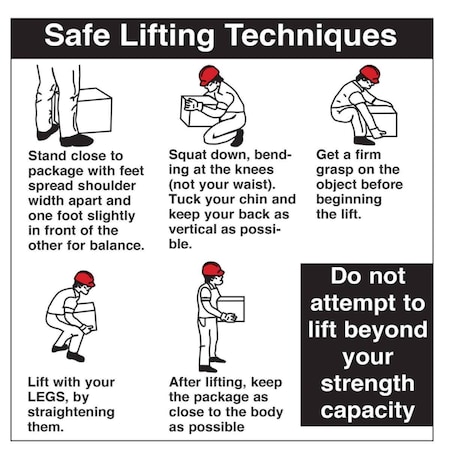 Brady Safe Lifting Techniques Labels, 6in H x 6in W, Black/Red on White, 100PK 92327